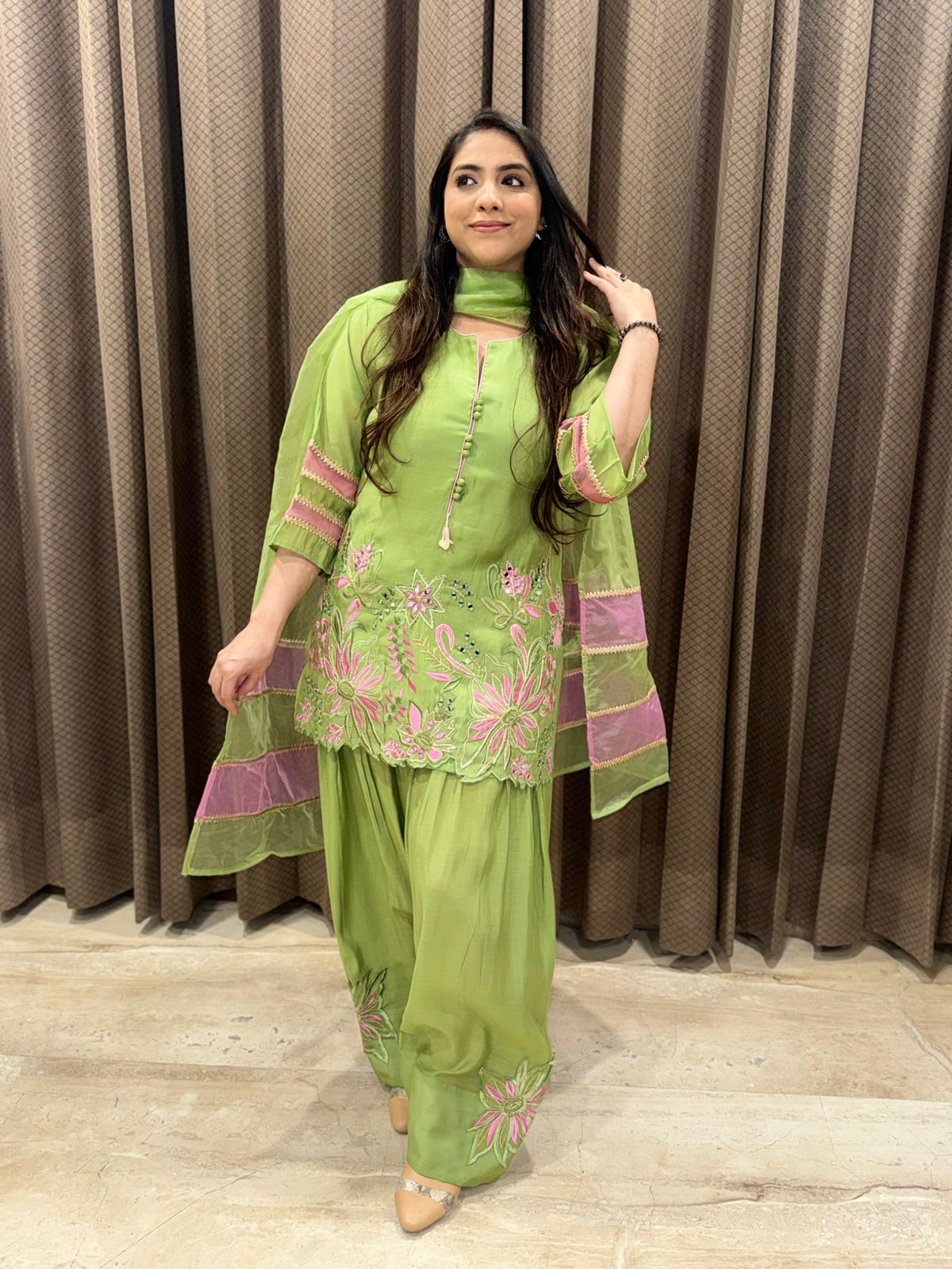 Designer Green & Pink Contrast Farshi Set with duppata and handwork detailing