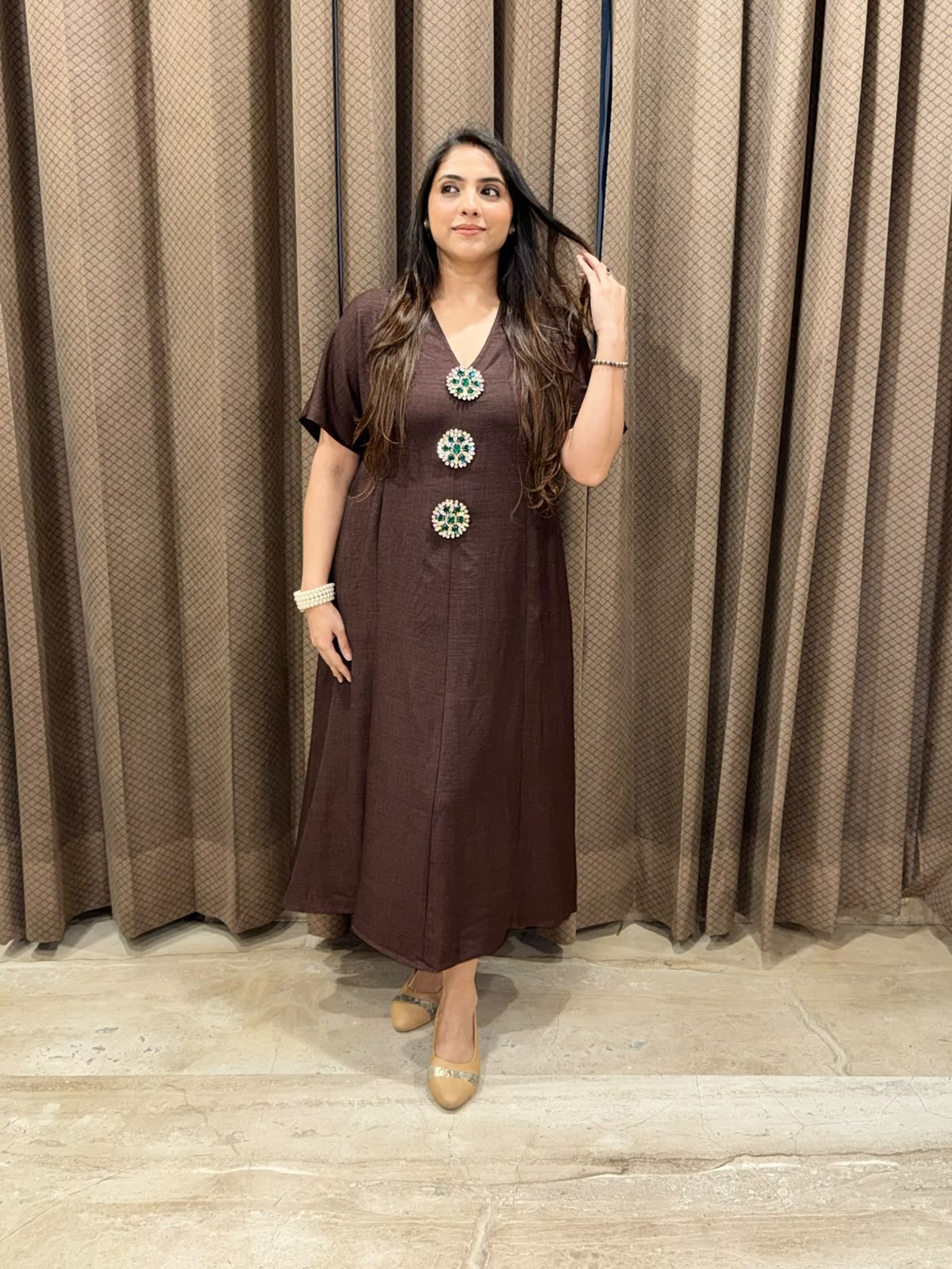Smart Brown Midi dress with embellished buttons & pockets