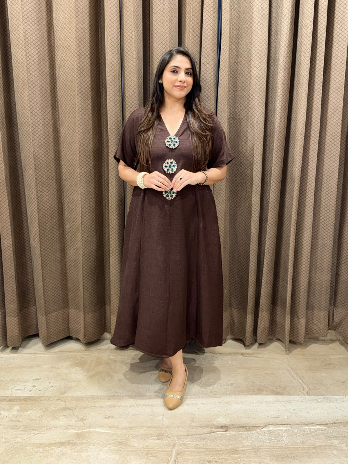 Smart Brown Midi dress with embellished buttons & pockets