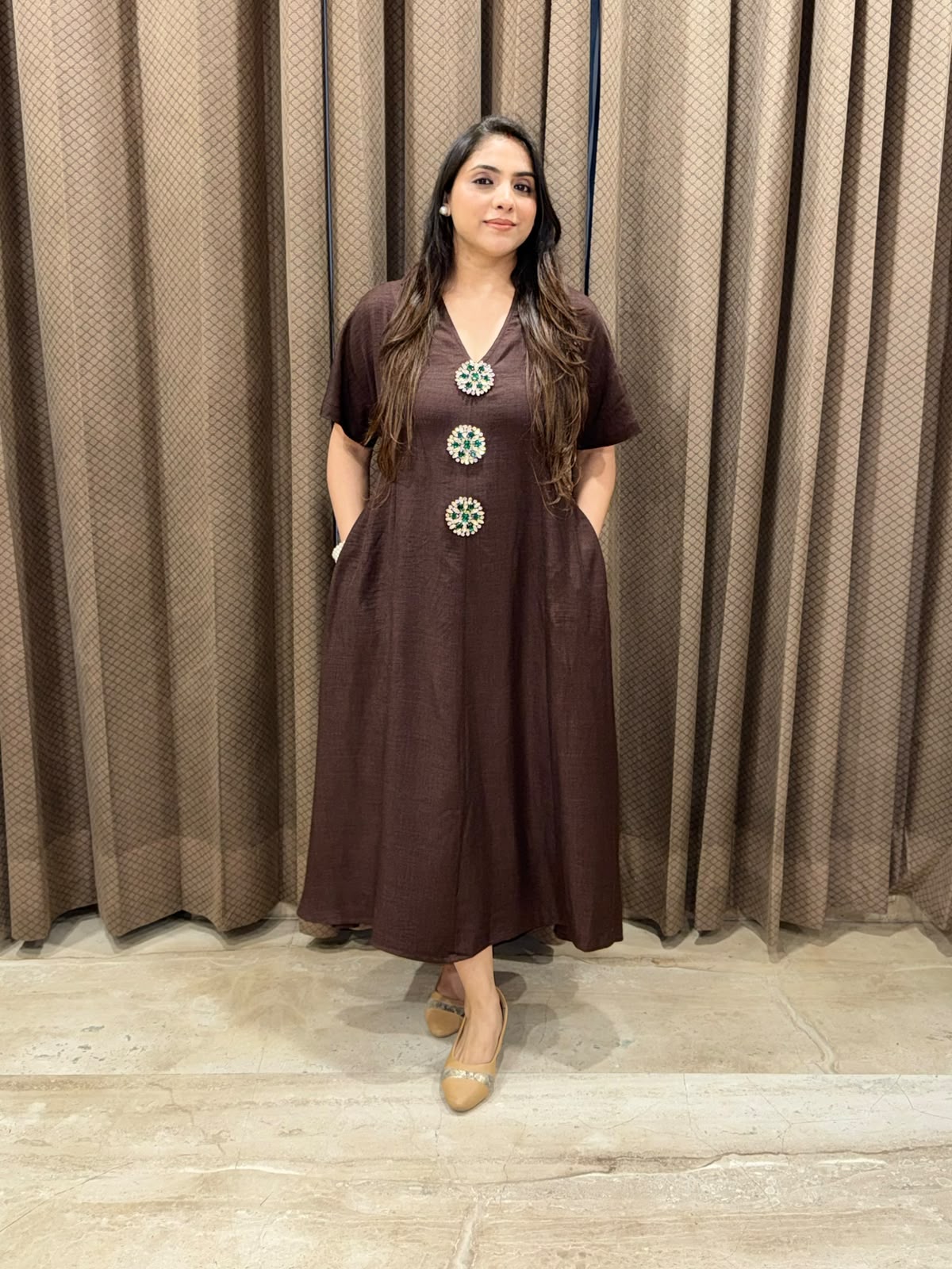 Smart Brown Midi dress with embellished buttons & pockets