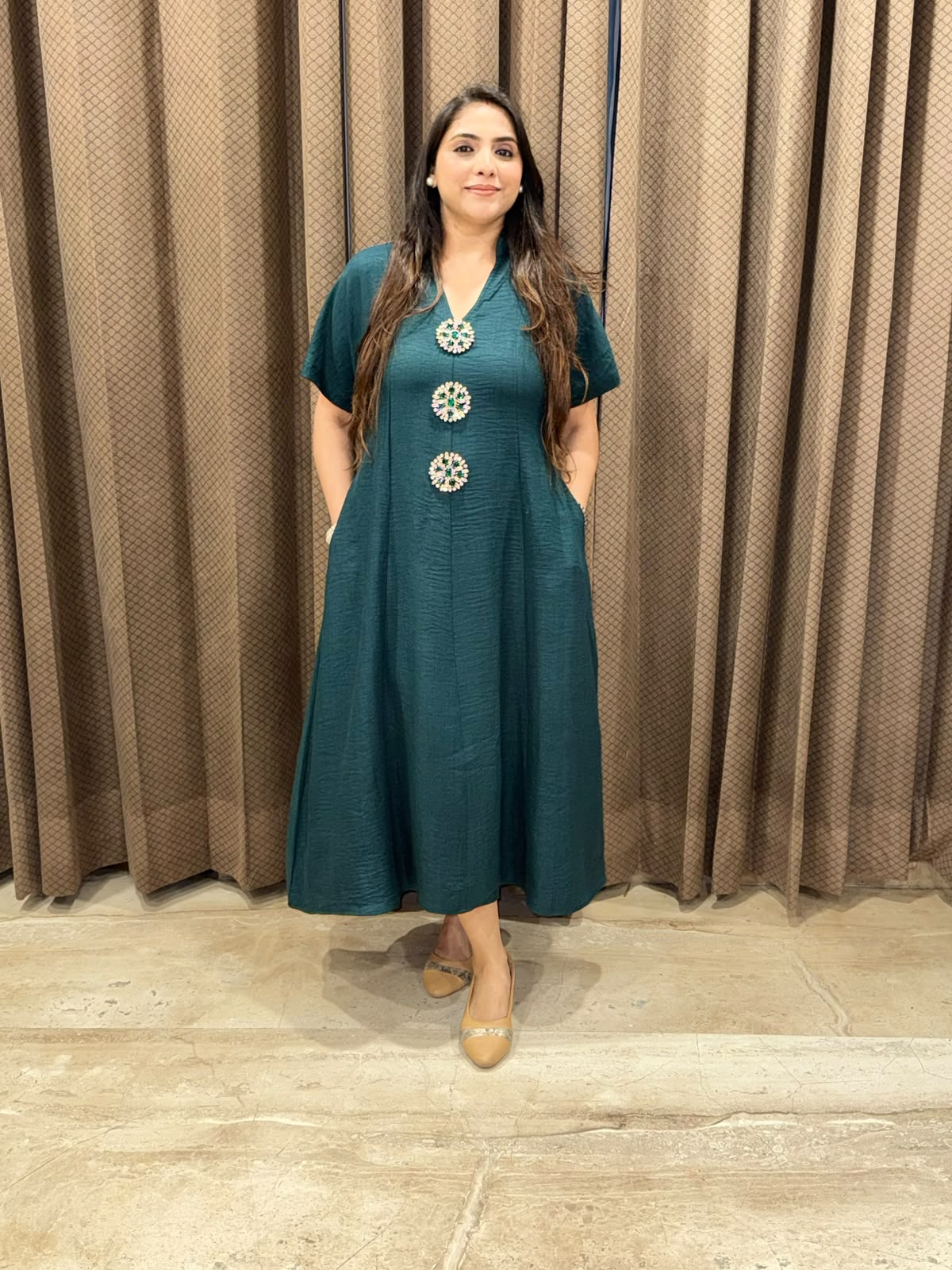 Smart Green Midi dress with embellished buttons & pockets