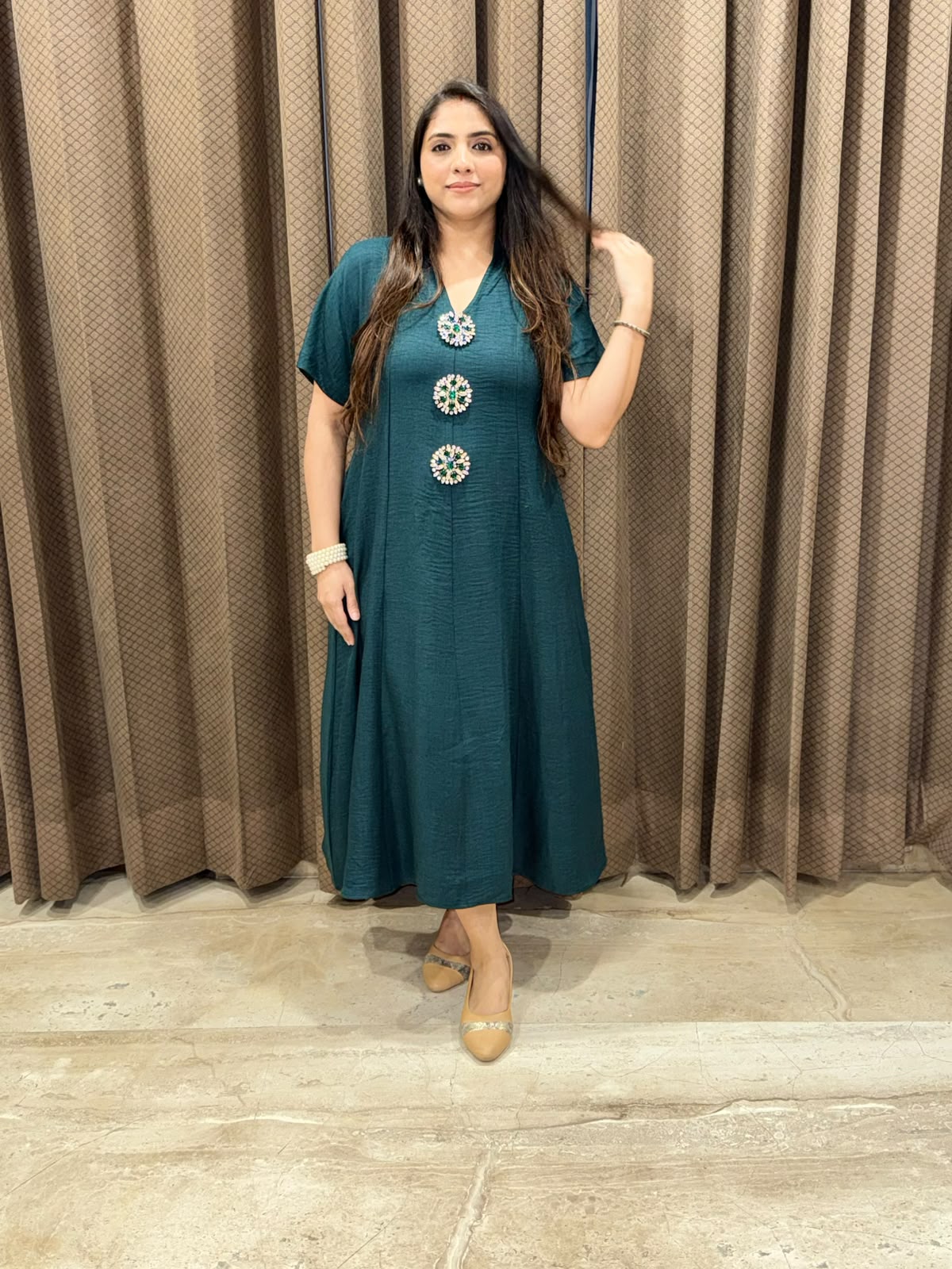 Smart Green Midi dress with embellished buttons & pockets
