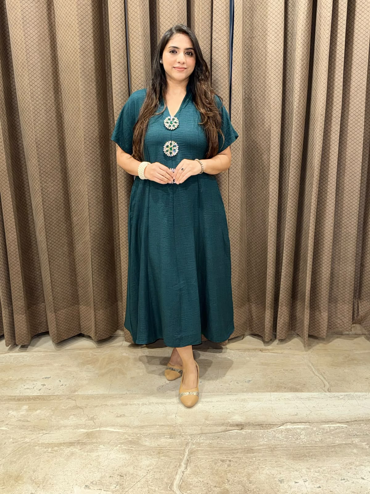 Smart Green Midi dress with embellished buttons & pockets
