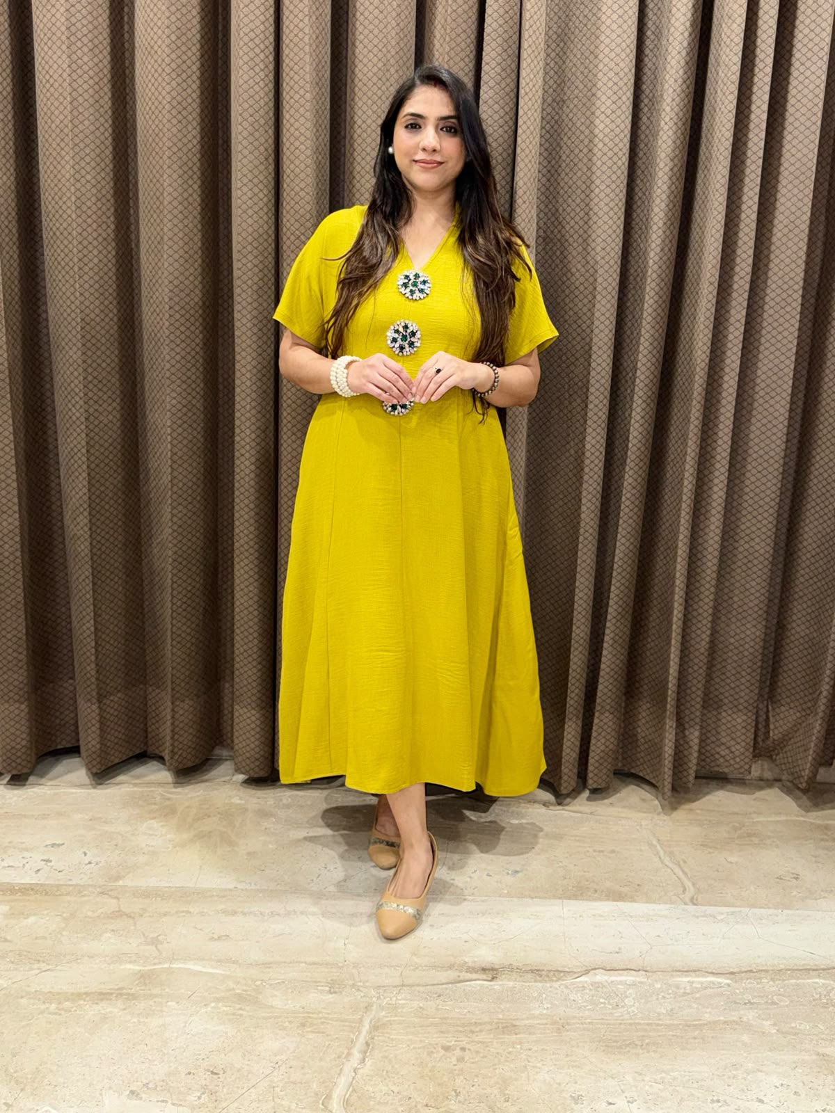 Smart Yellow Midi dress with embellished buttons & pockets