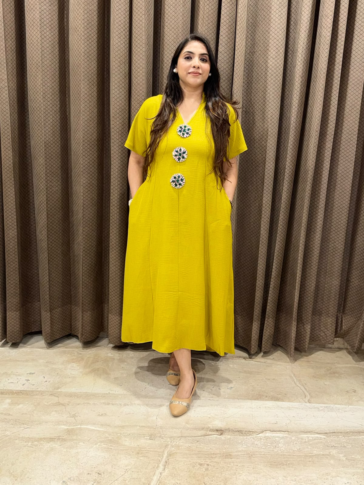 Smart Yellow Midi dress with embellished buttons & pockets