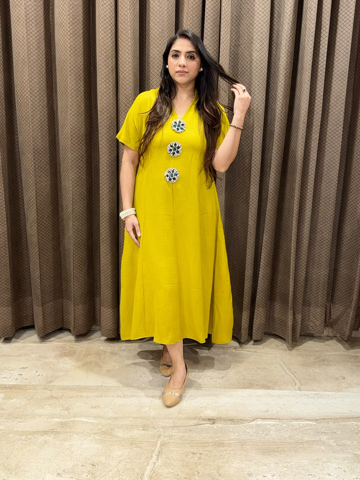 Smart Yellow Midi dress with embellished buttons & pockets