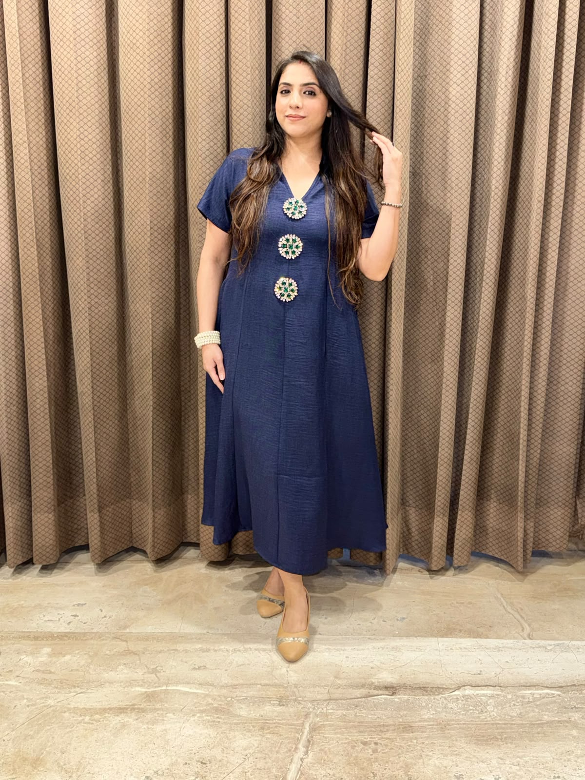 Smart Blue Midi dress with embellished buttons & pockets