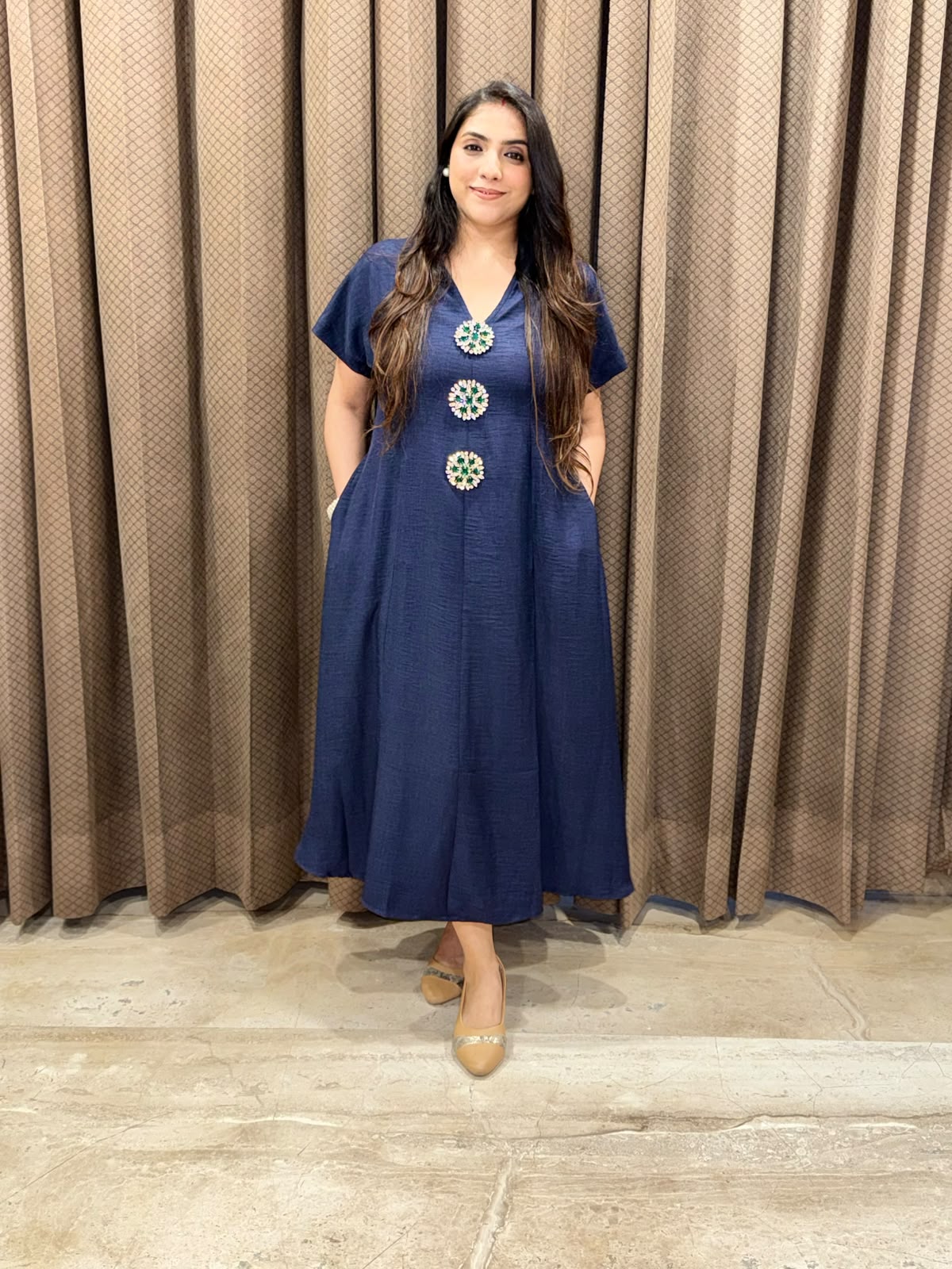 Smart Blue Midi dress with embellished buttons & pockets