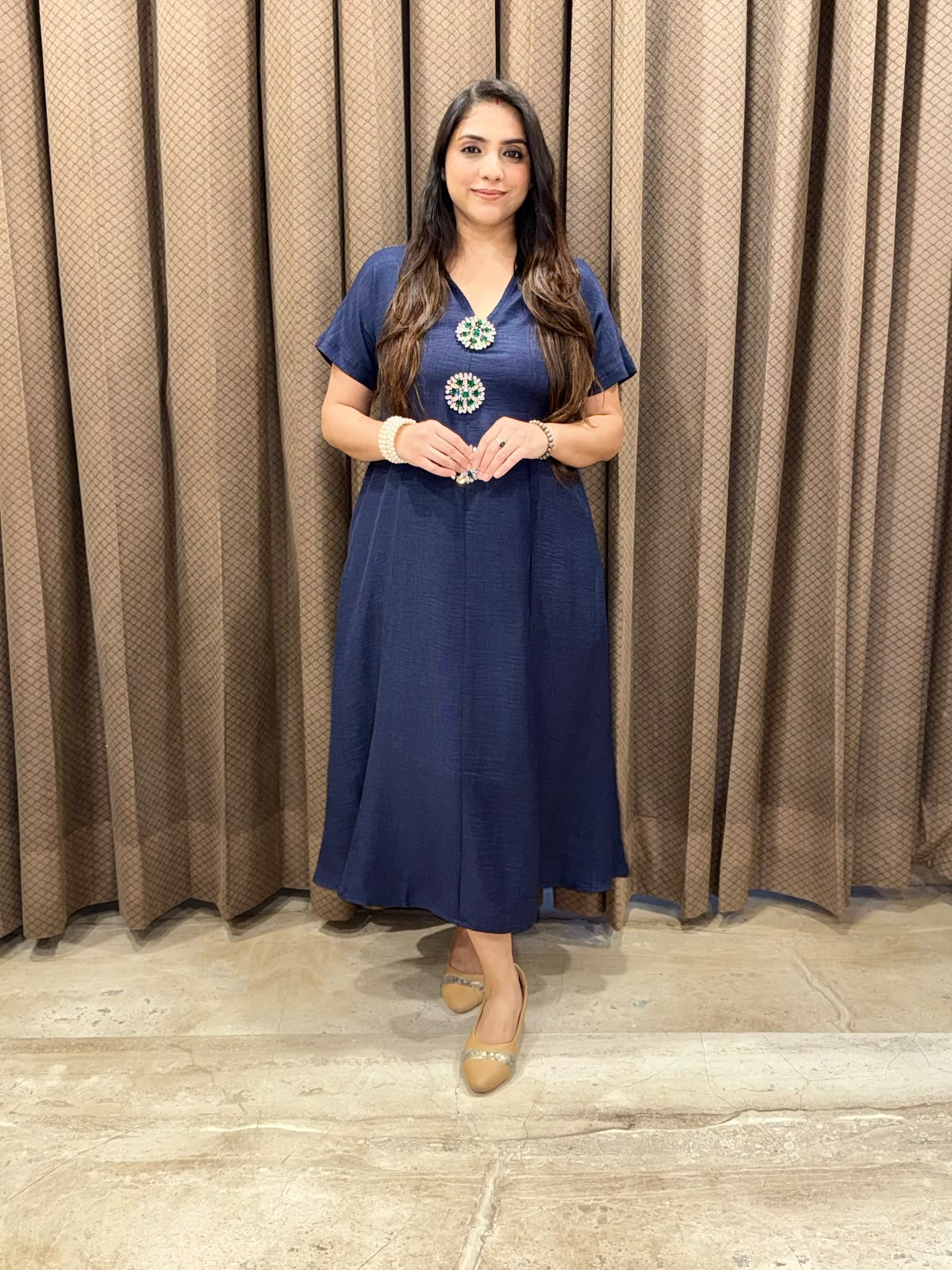 Smart Blue Midi dress with embellished buttons & pockets