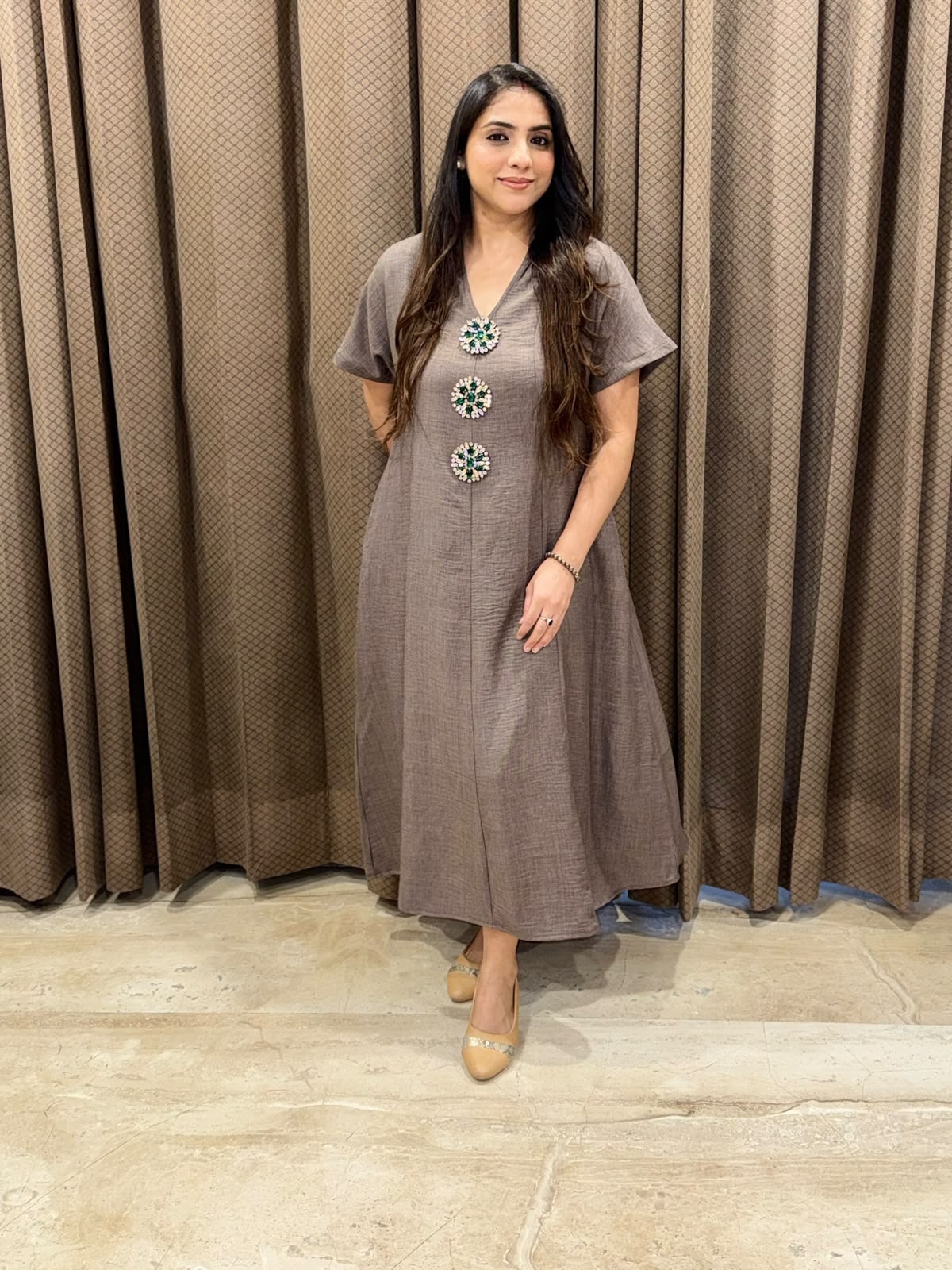 Smart Grey Midi dress with embellished buttons & pockets
