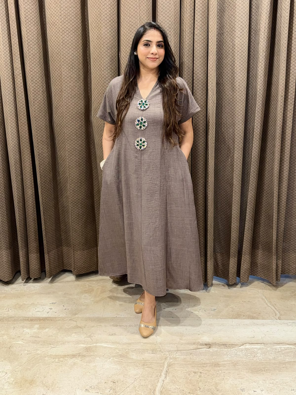 Smart Grey Midi dress with embellished buttons & pockets