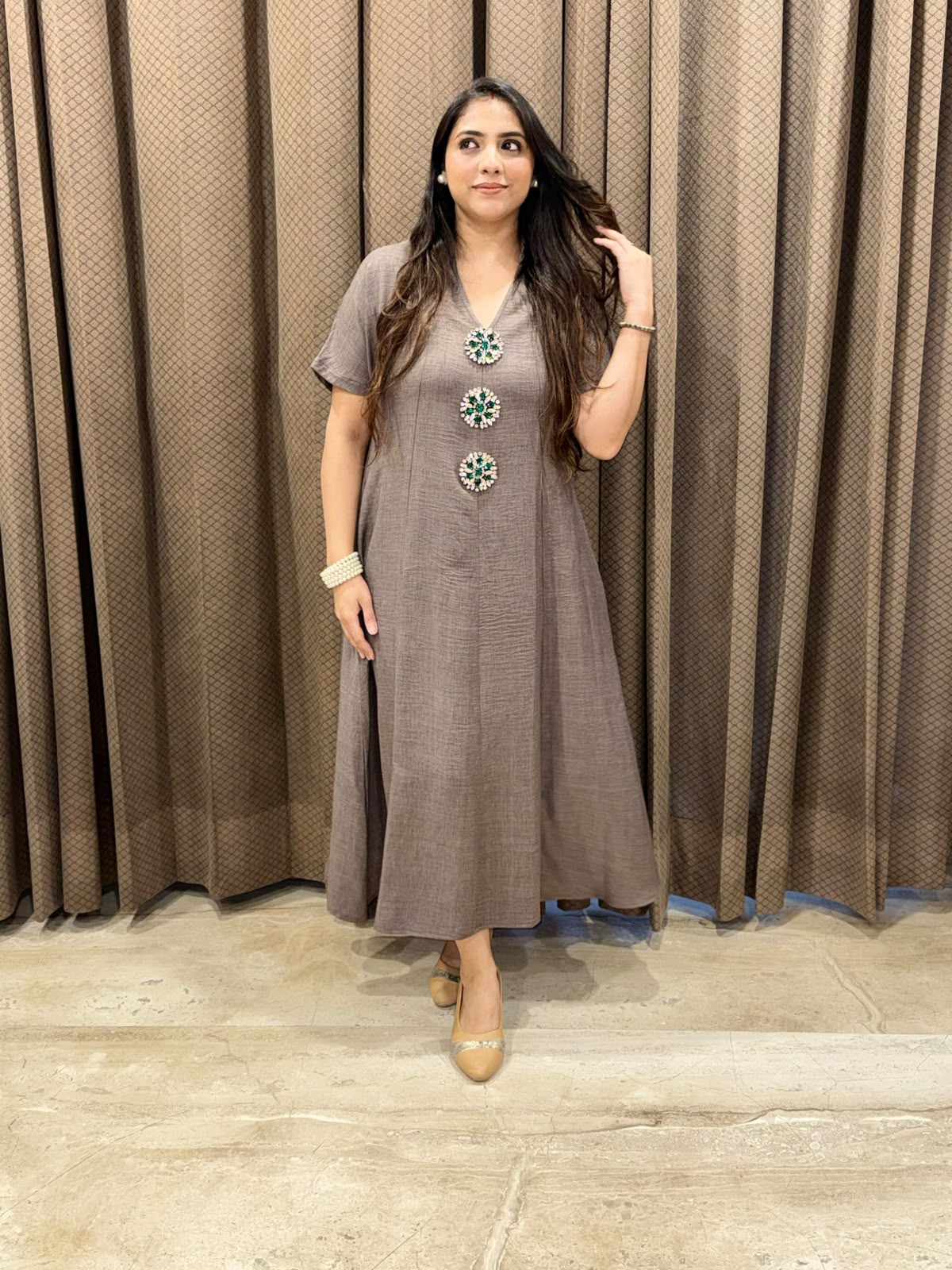 Smart Grey Midi dress with embellished buttons & pockets