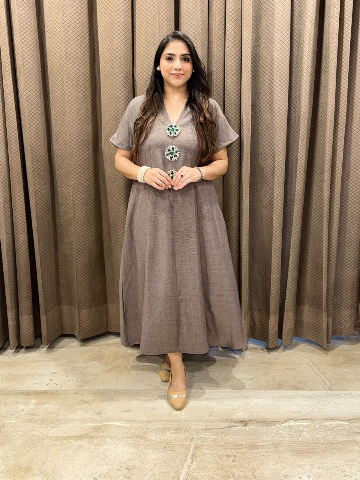 Smart Grey Midi dress with embellished buttons & pockets