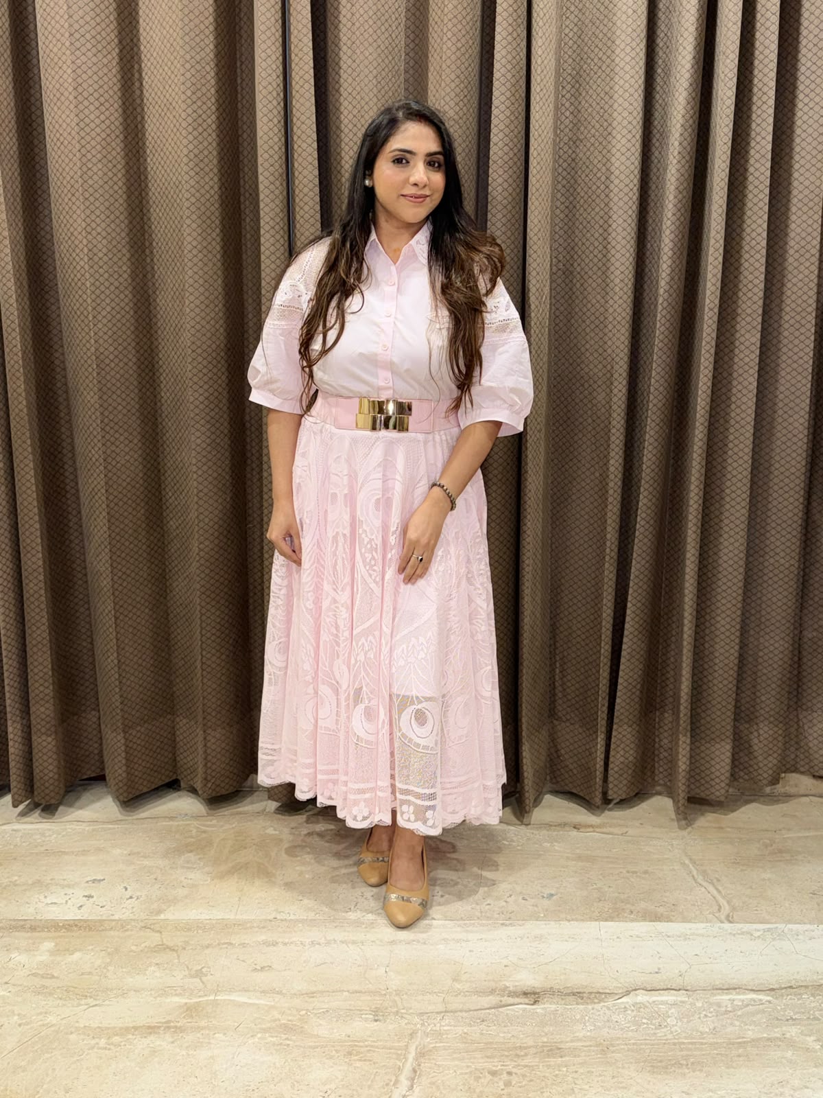Elegant Pink Midi dress with crotia detailing & belt