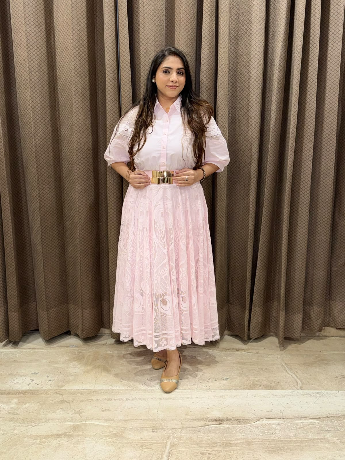 Elegant Pink Midi dress with crotia detailing & belt