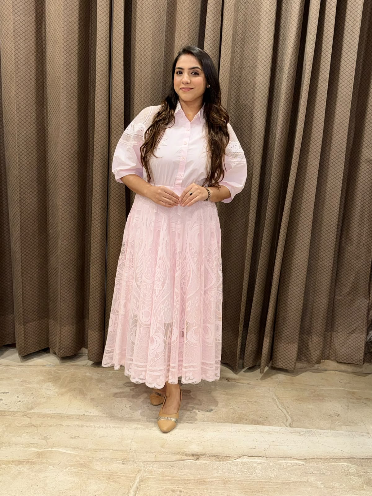 Elegant Pink Midi dress with crotia detailing & belt