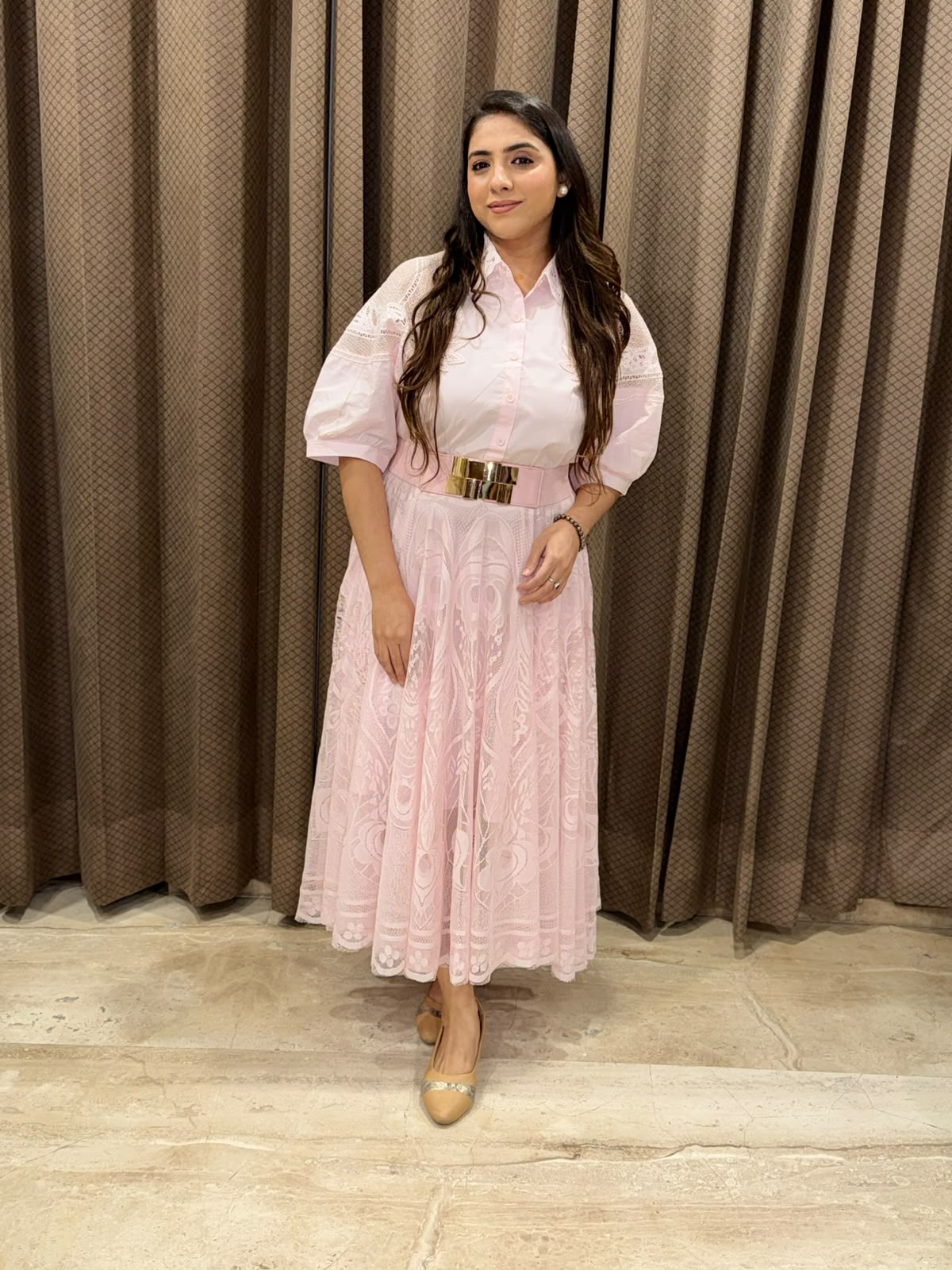 Elegant Pink Midi dress with crotia detailing & belt