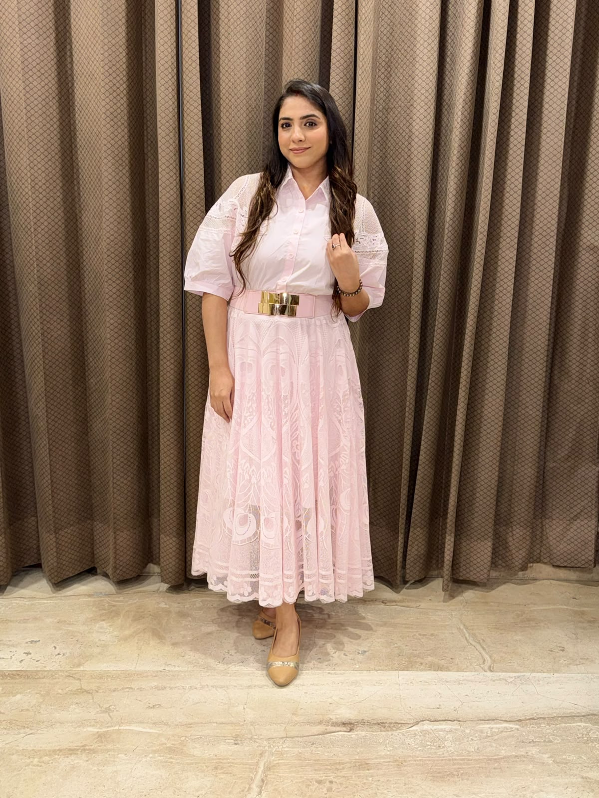 Elegant Pink Midi dress with crotia detailing & belt