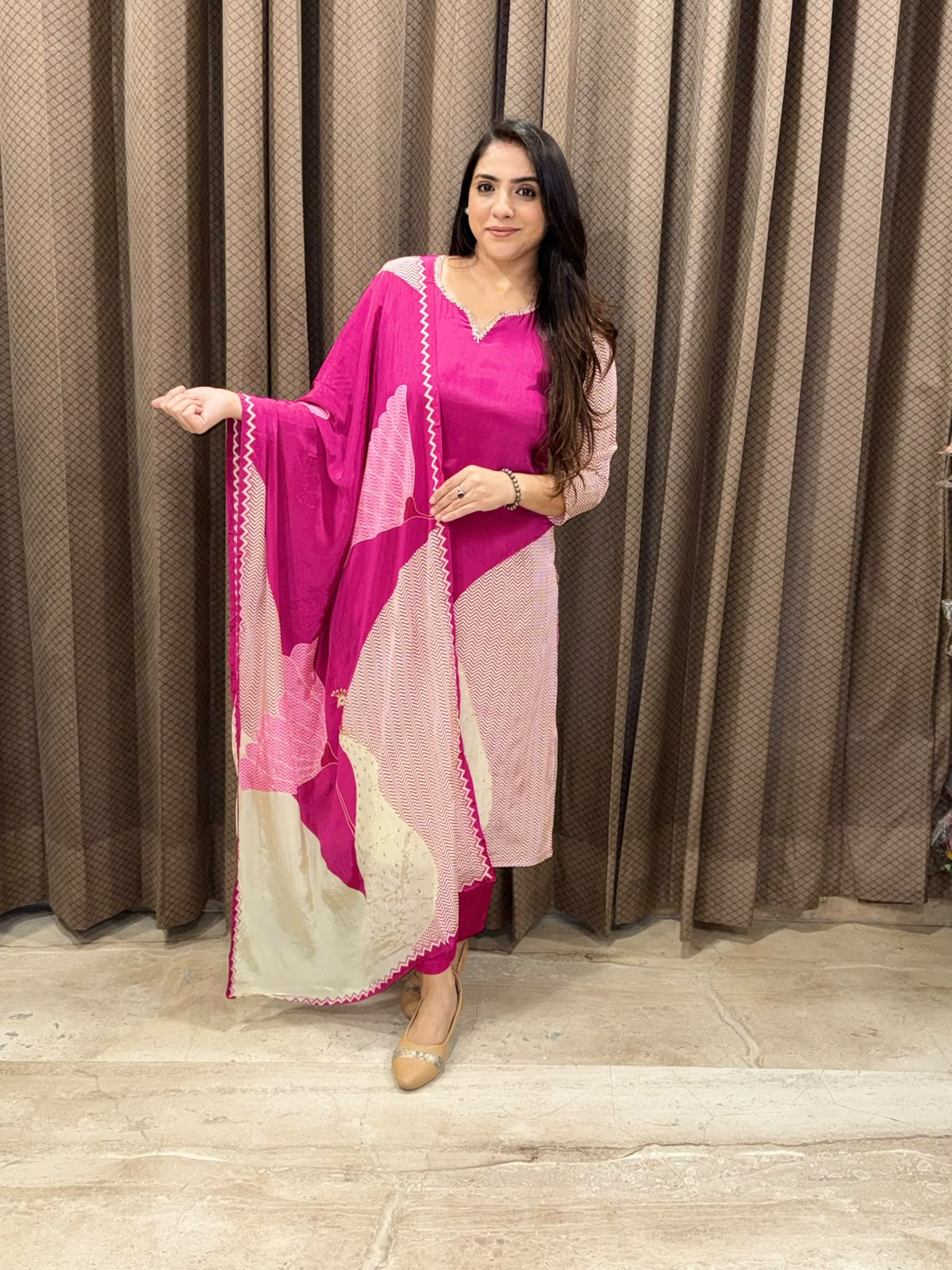 Designer Pink peacock  Straight suit set with handwork