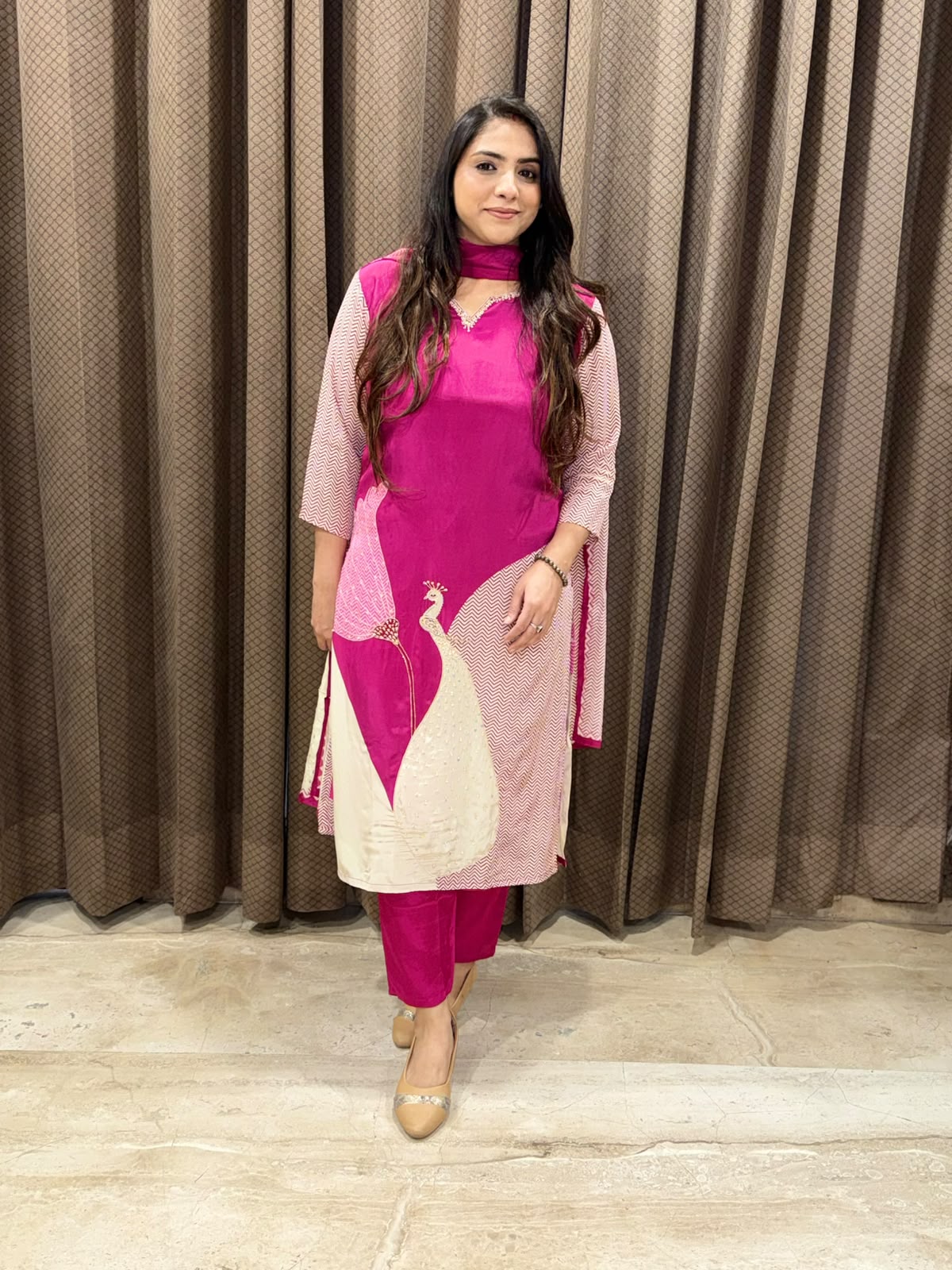 Designer Pink peacock  Straight suit set with handwork