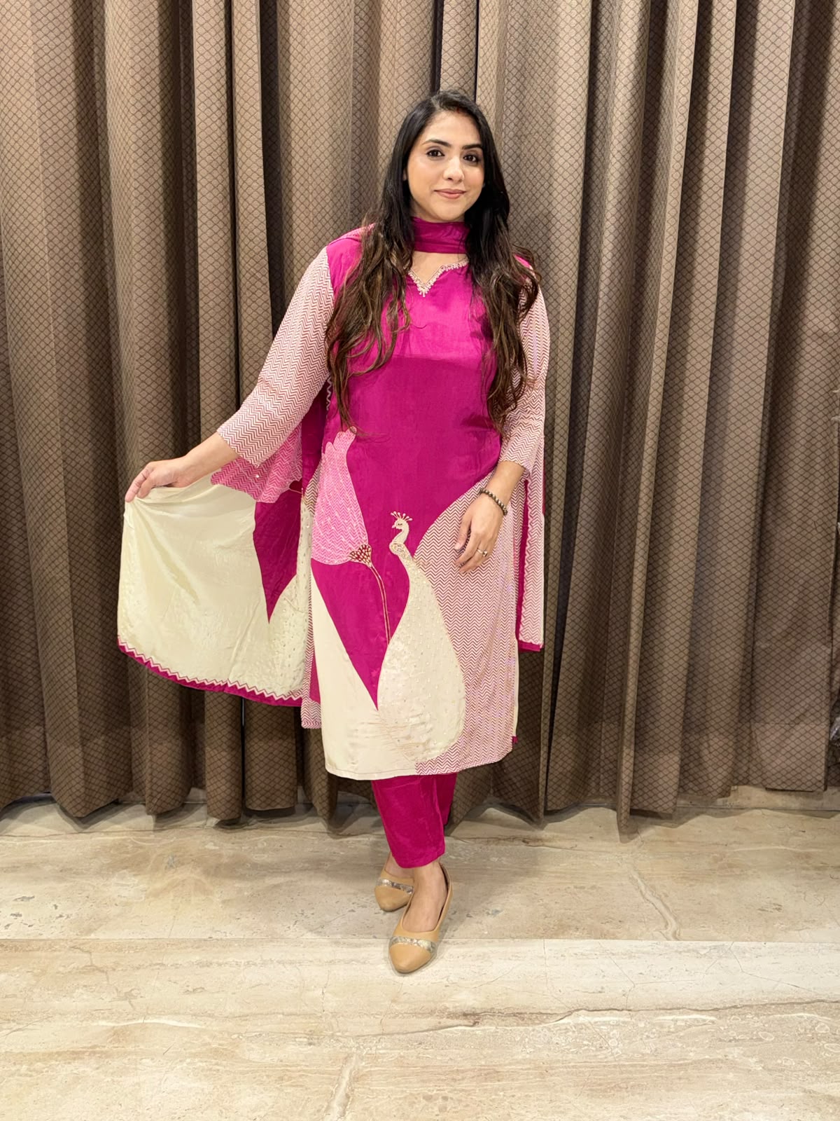 Designer Pink peacock  Straight suit set with handwork