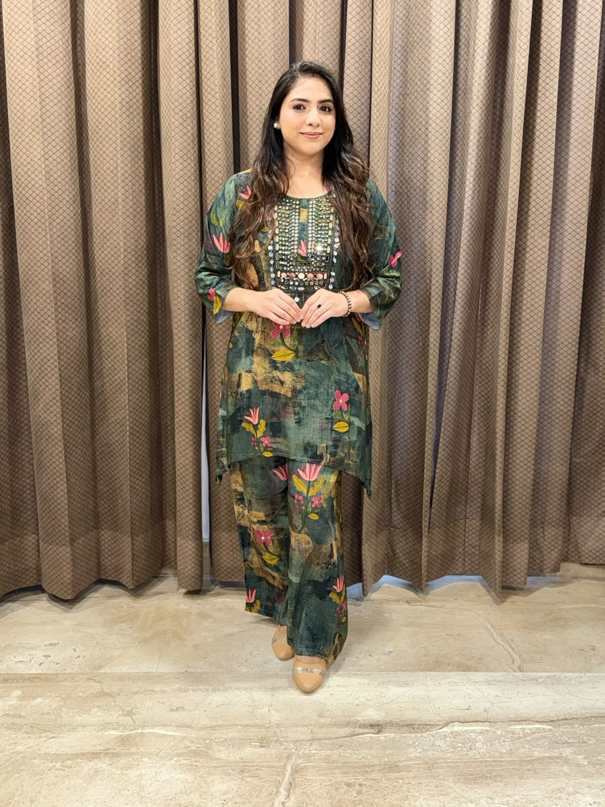 Designer Green Co-ord set with mirror Handwork