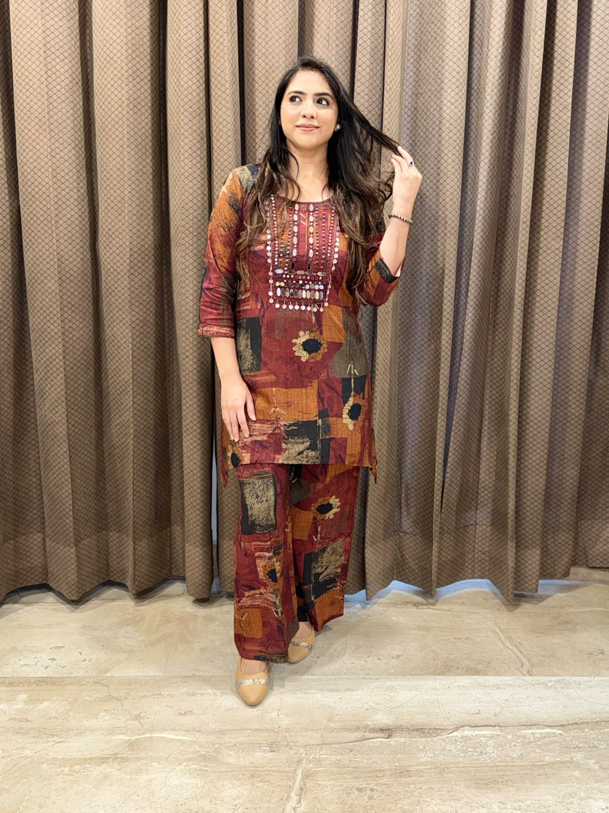 Designer Rust Co-ord set with mirror Handwork