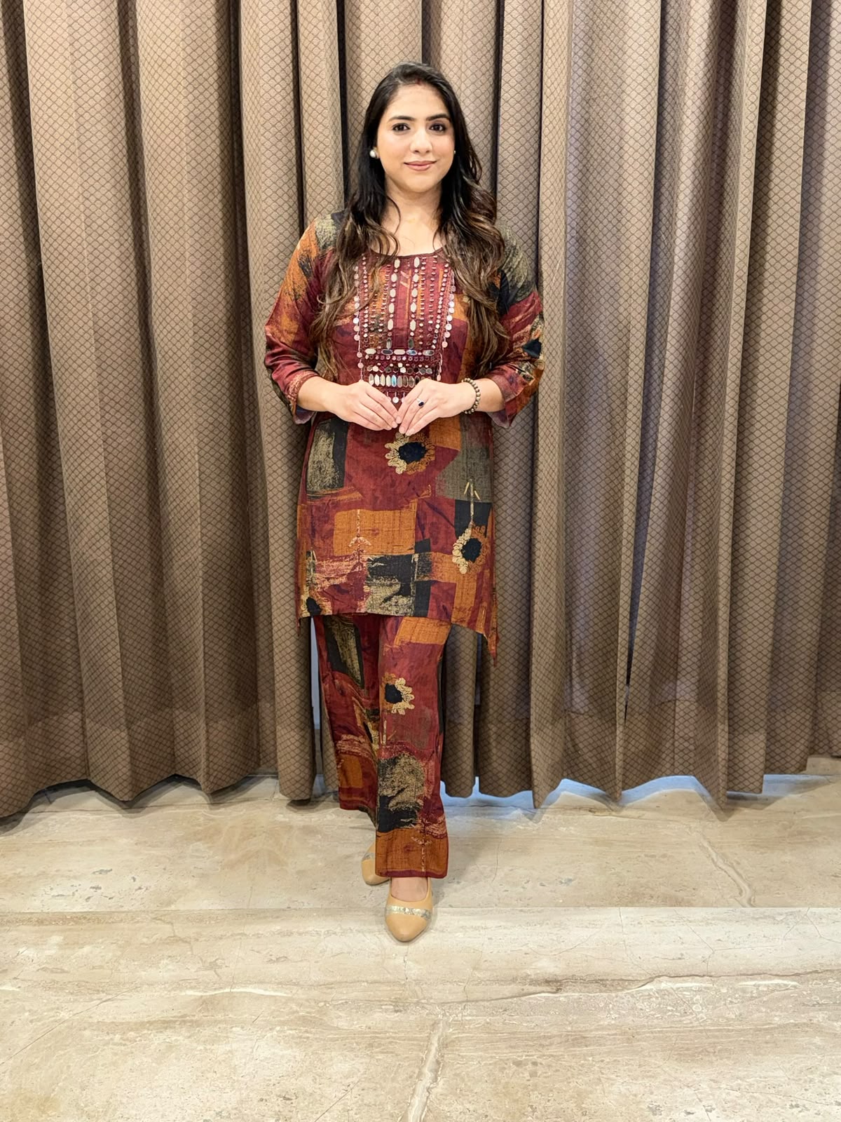 Designer Rust Co-ord set with mirror Handwork