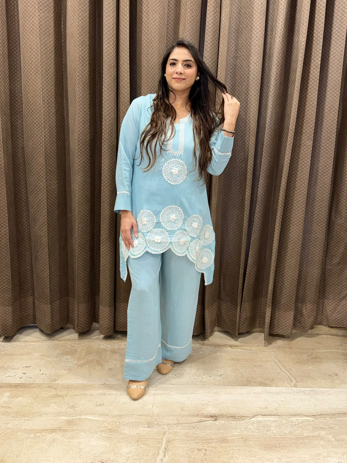 Stylish Blue Co-ord set with applique flower work & embroidery detailing