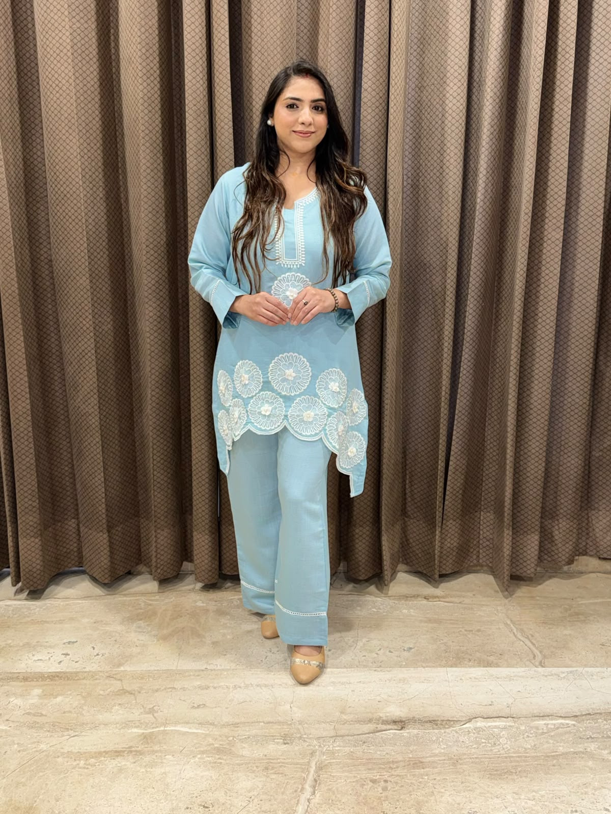 Stylish Blue Co-ord set with applique flower work & embroidery detailing