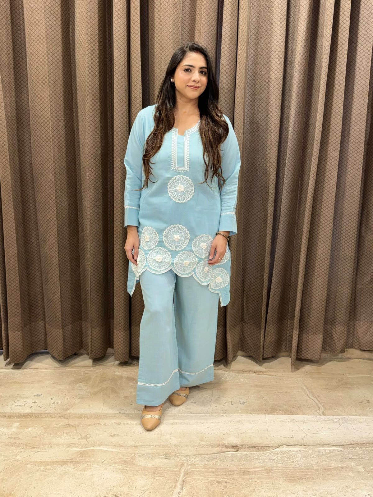 Stylish Blue Co-ord set with applique flower work & embroidery detailing