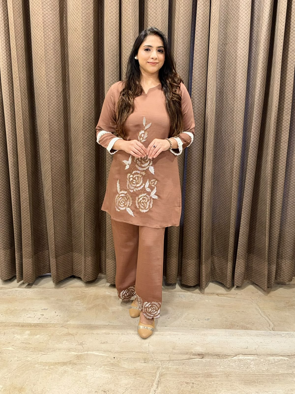 Designer Brown Co-ord set with floral embroidery