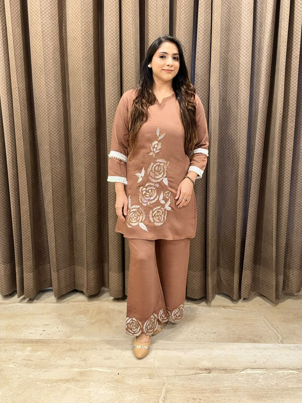 Designer Brown Co-ord set with floral embroidery