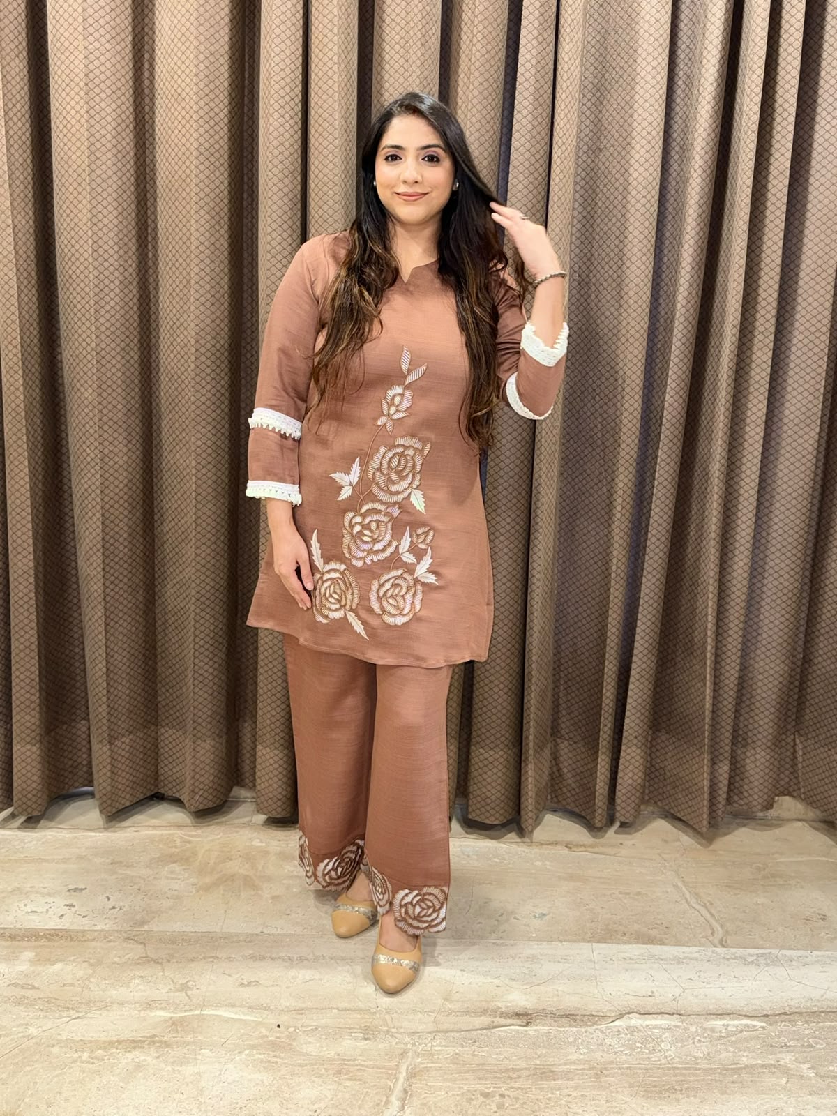 Designer Brown Co-ord set with floral embroidery