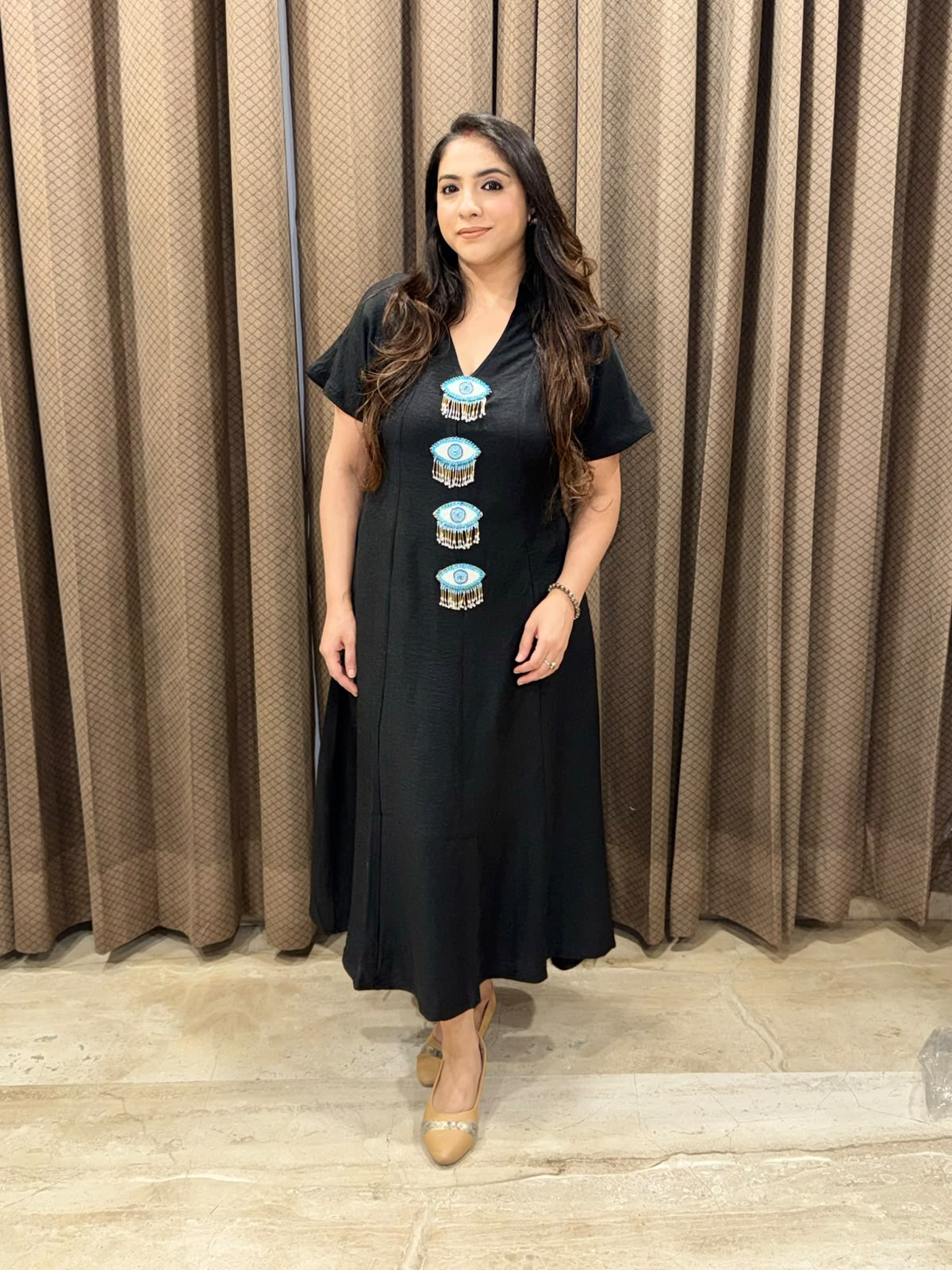 Smart Black Midi dress with evil eye accessories & pockets