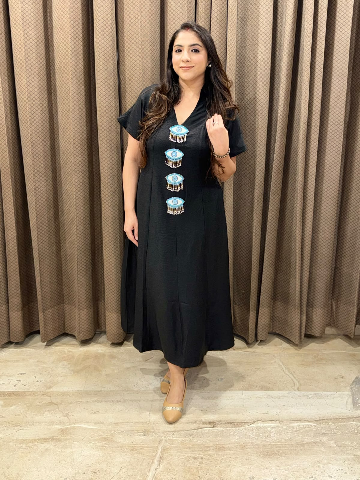 Smart Black Midi dress with evil eye accessories & pockets
