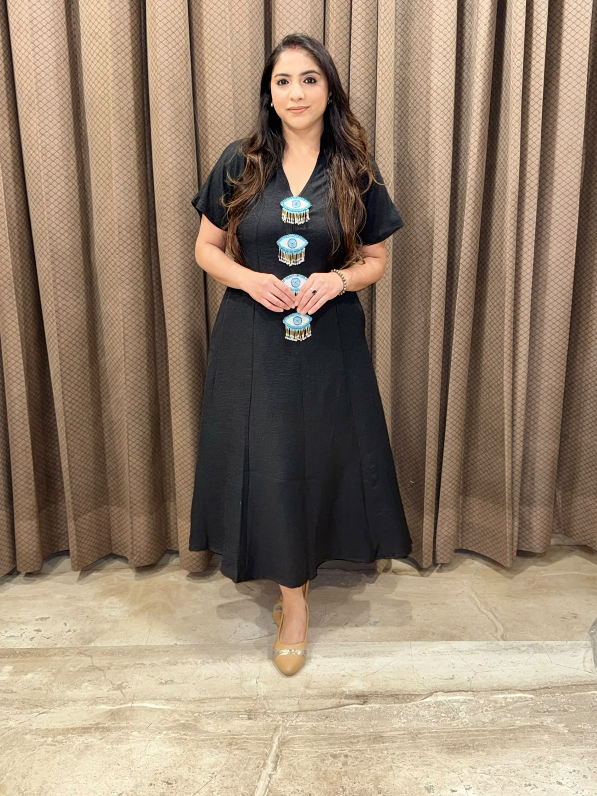 Smart Black Midi dress with evil eye accessories & pockets