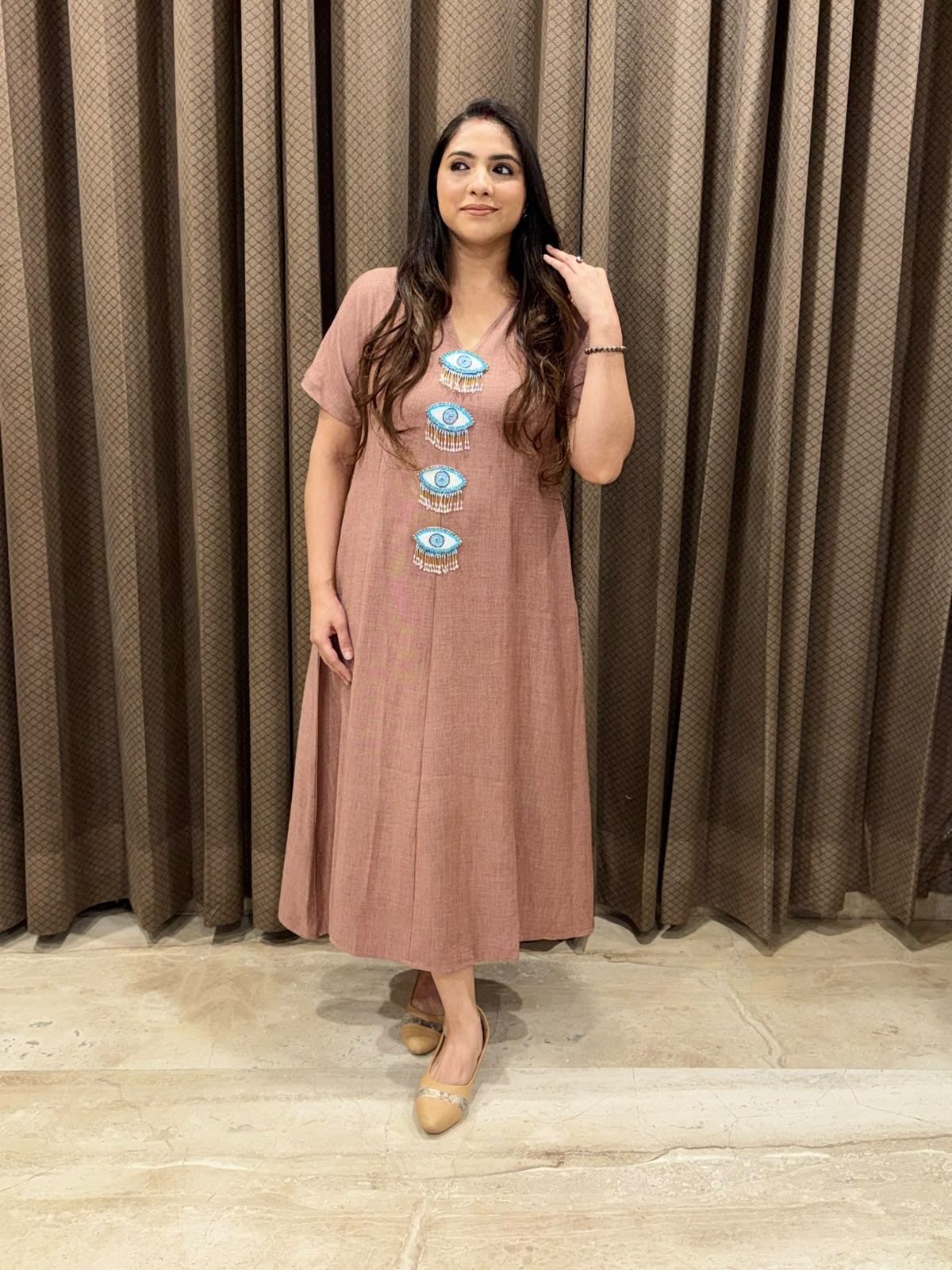 Smart Mauve Midi dress with evil eye accessories & pockets