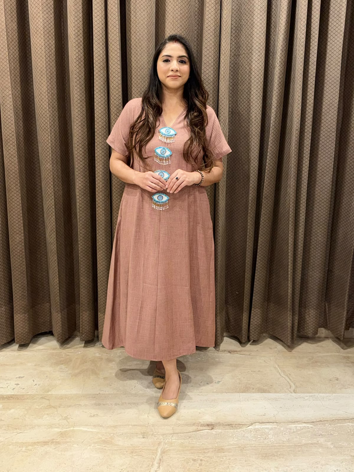 Smart Mauve Midi dress with evil eye accessories & pockets
