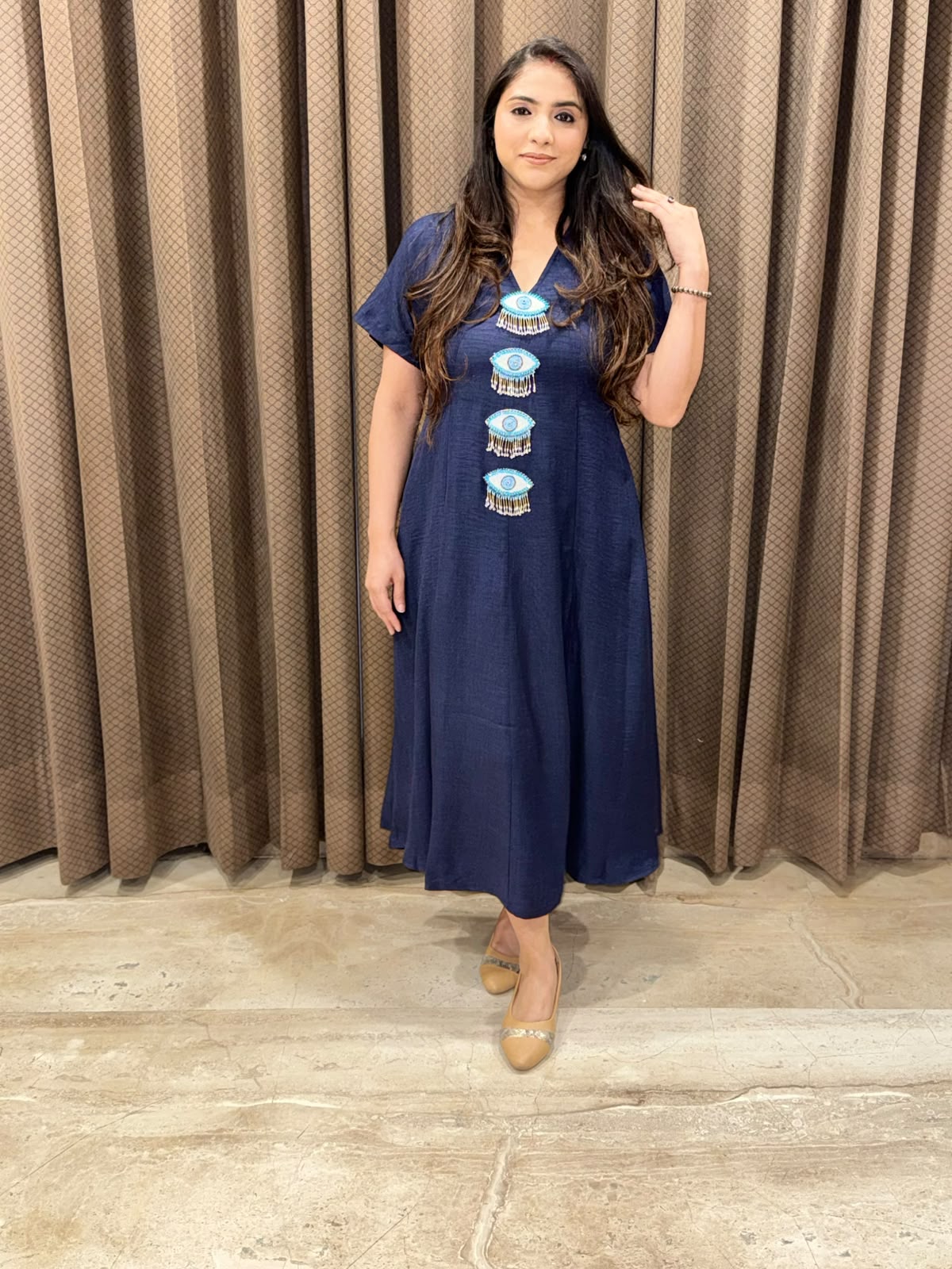 Smart Blue Midi dress with Evil eye accessories & pockets