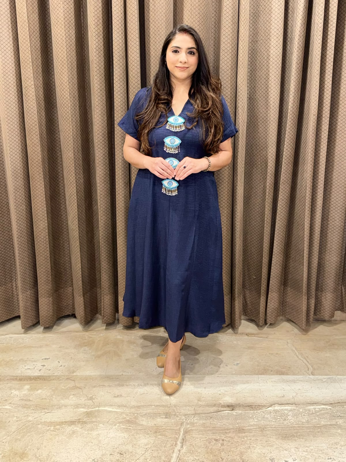 Smart Blue Midi dress with Evil eye accessories & pockets