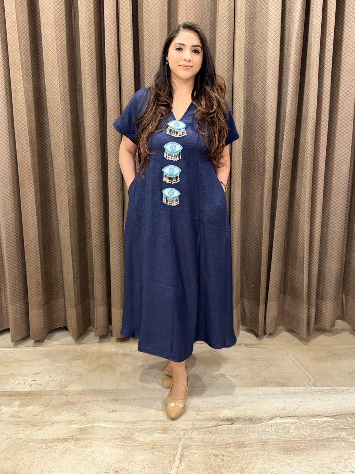 Smart Blue Midi dress with Evil eye accessories & pockets