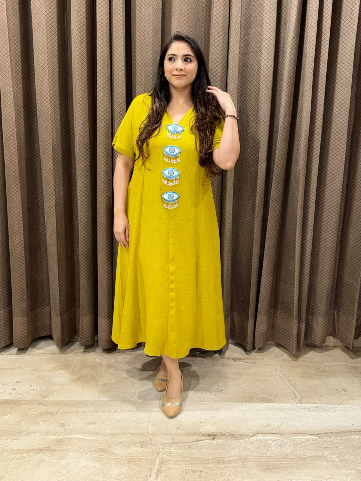 Smart Lime yellow Midi dress with evil eye accessories & pockets