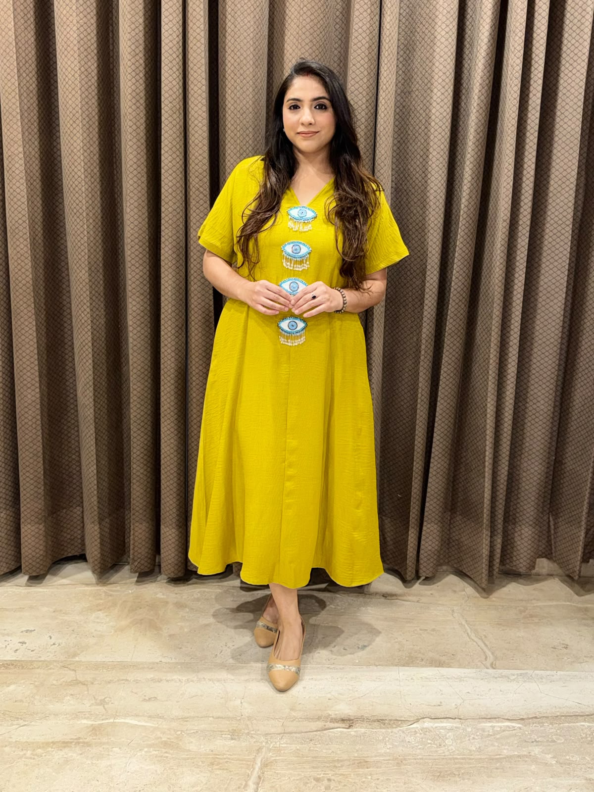 Smart Lime yellow Midi dress with evil eye accessories & pockets
