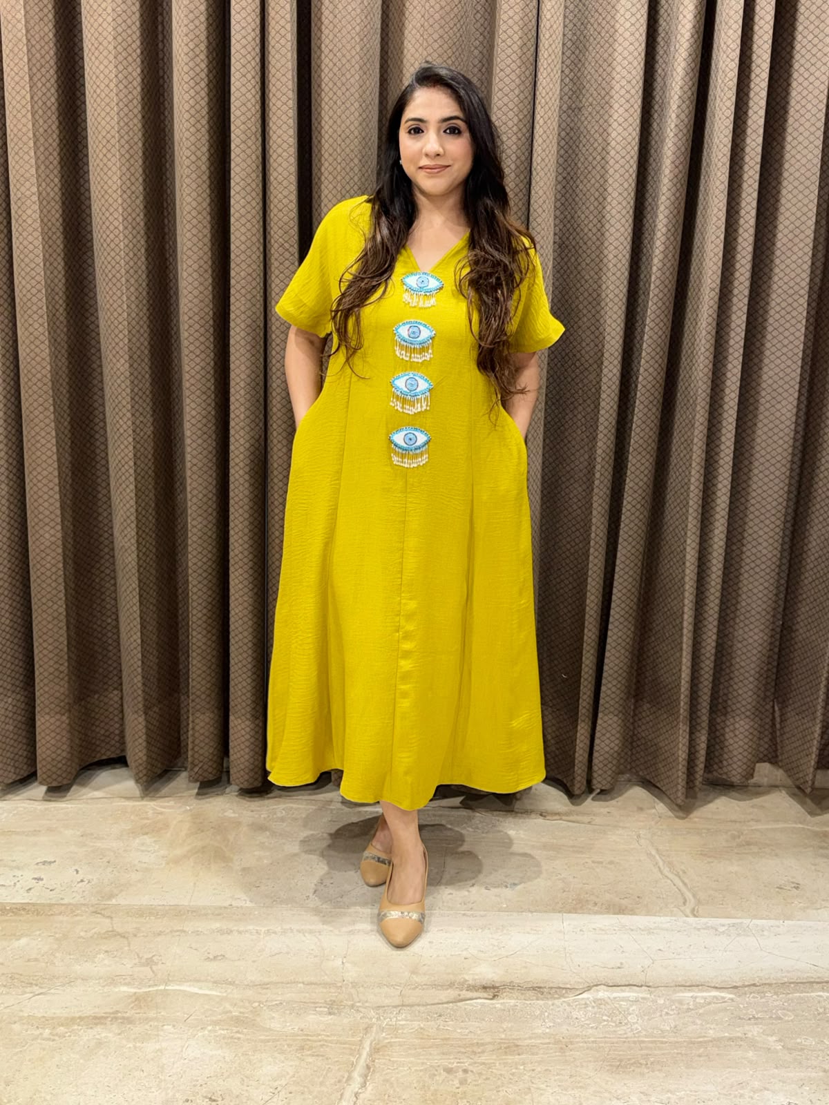 Smart Lime yellow Midi dress with evil eye accessories & pockets