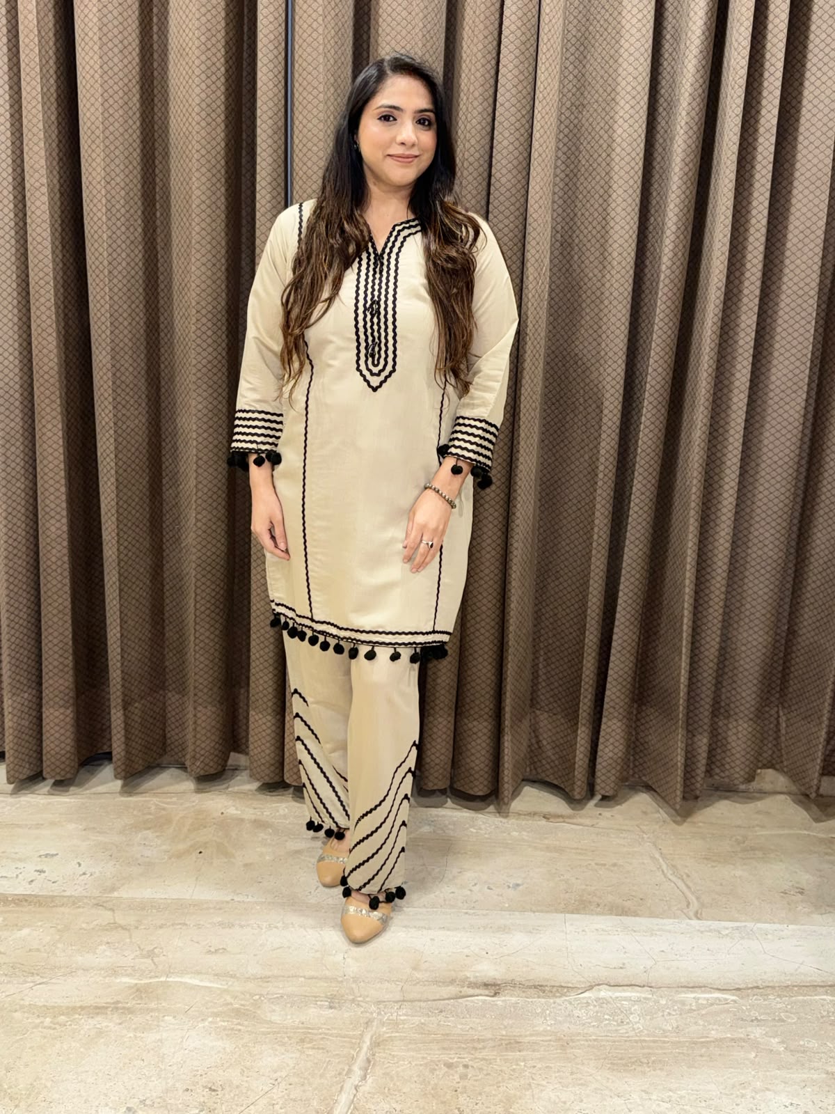 Designer Champagne Suit set with handwork and laces