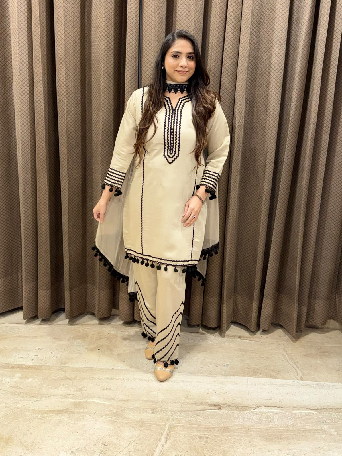 Designer Champagne Suit set with handwork and laces