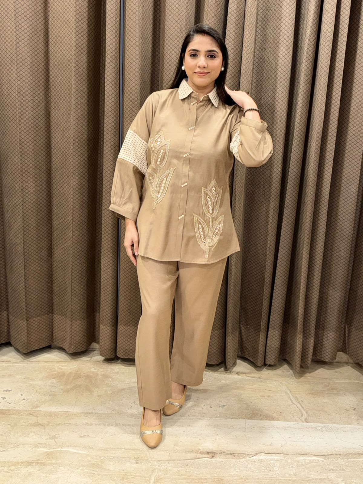 Designer Brown Co-ord set with Handwork and crotia detailing