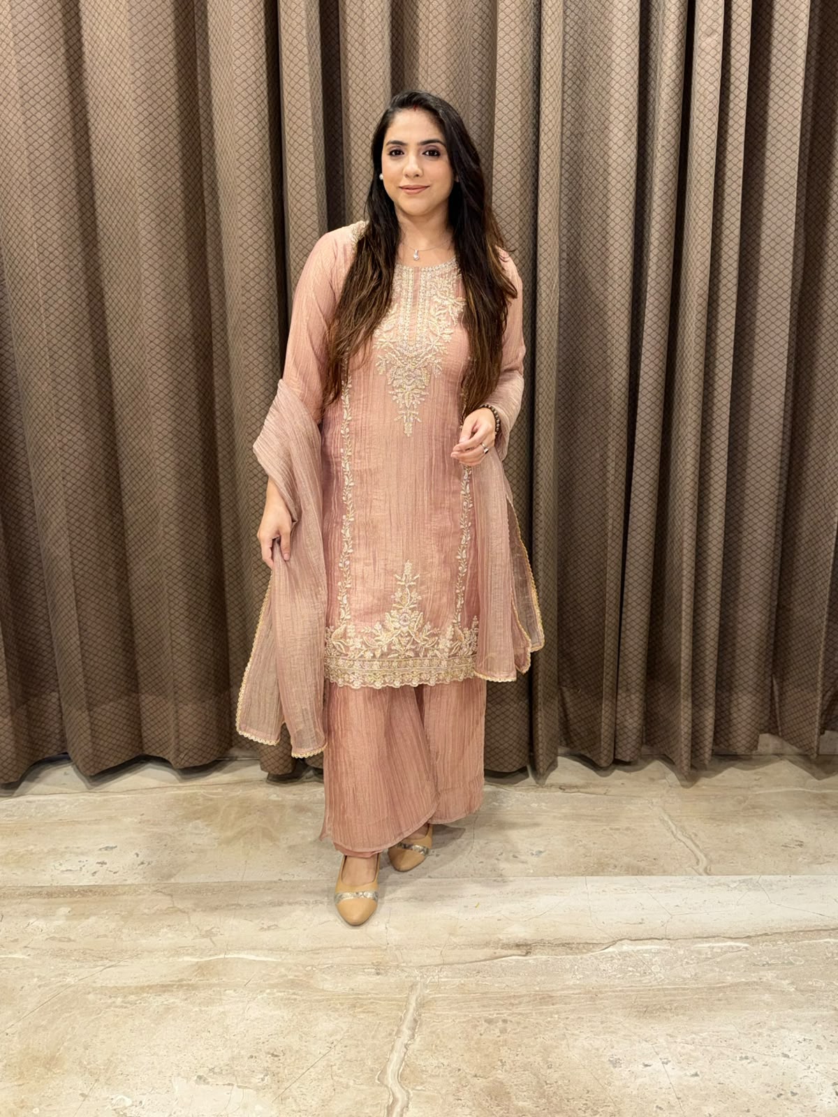 Designer Peachy Pink Suit set with Complete handwork