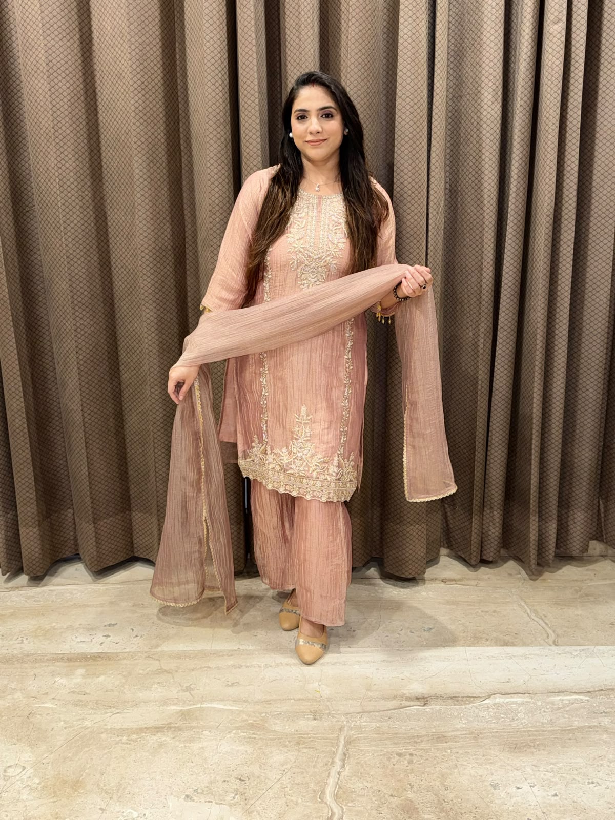 Designer Peachy Pink Suit set with Complete handwork